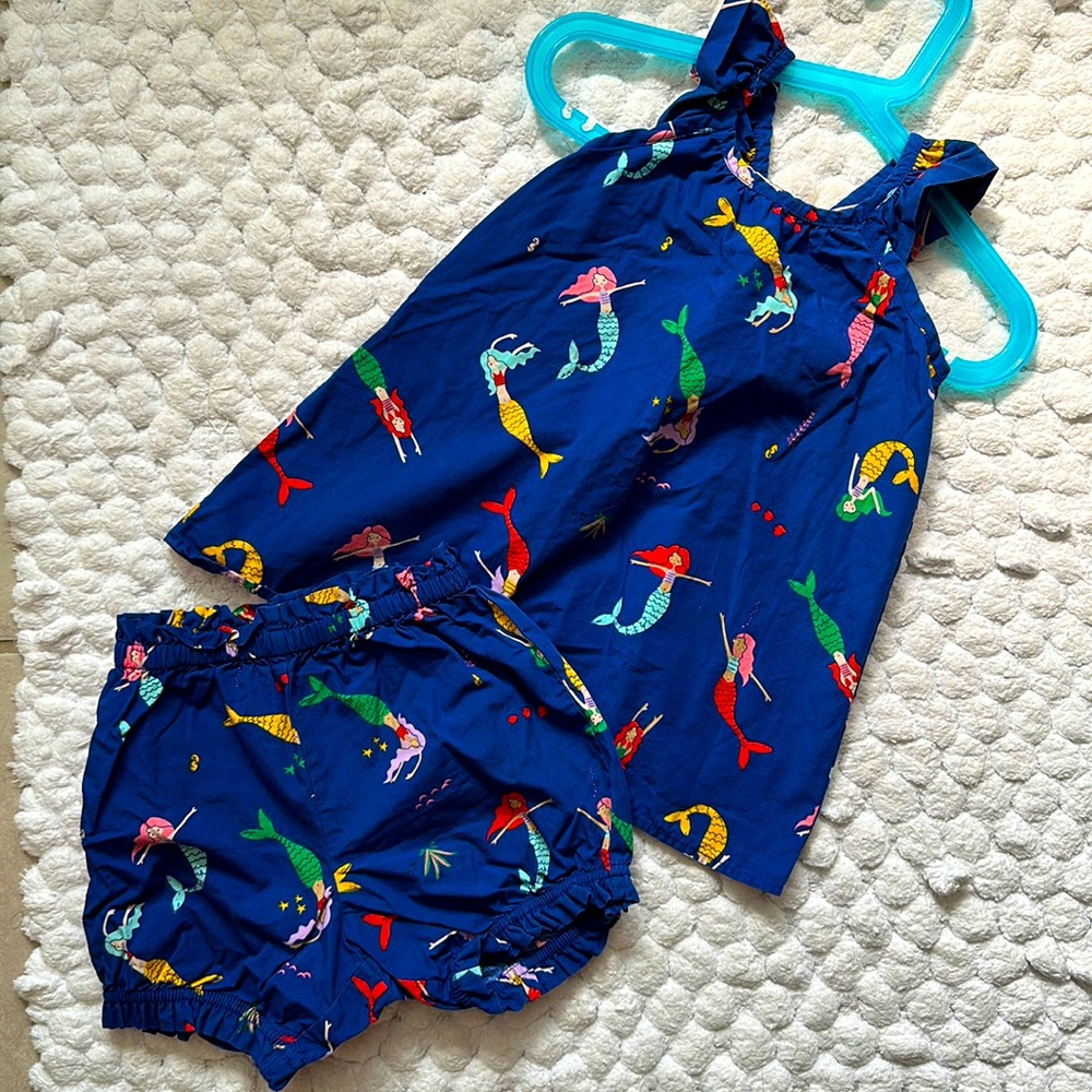 Hanna Andersson Mermaids Blue Shirt and Bloomer Set Size 90 cm